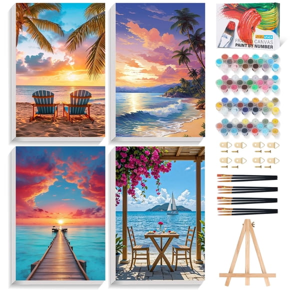 Kit de Pintura por Números Fountar – Pack de 4 lienzos enmarcados con caballete