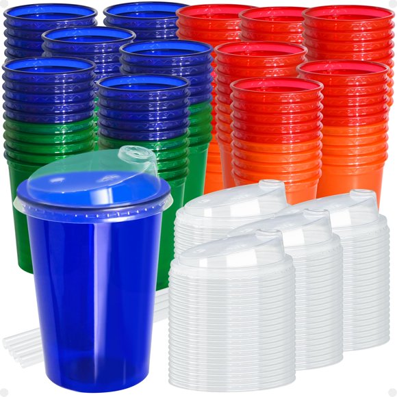 Vasos para niños L LIKED – Pack de 200 unidades de 355 ml con tapas y pajillas
