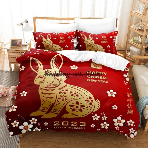 New Year Red Chinese Zodiac Rabbit Bedding Set Bed Set Aldult Kid Bedroom Duvetcover Sets