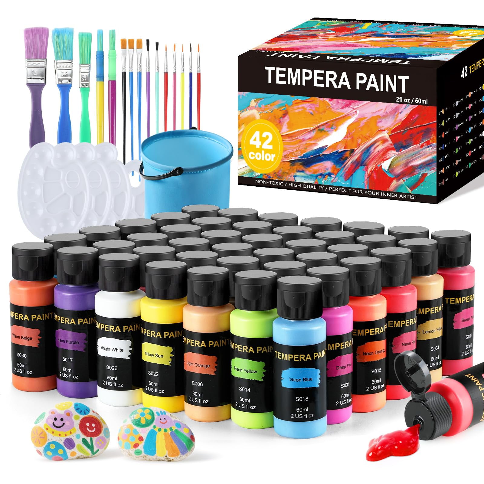 Set De Pintura Lavable Tmol 42 Colores Con Pinceles, Paleta Y Balde
