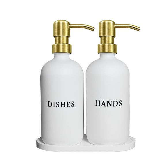 Set dispensador de jabón RM Home, vidrio blanco, 500 ml, con bandeja dorada