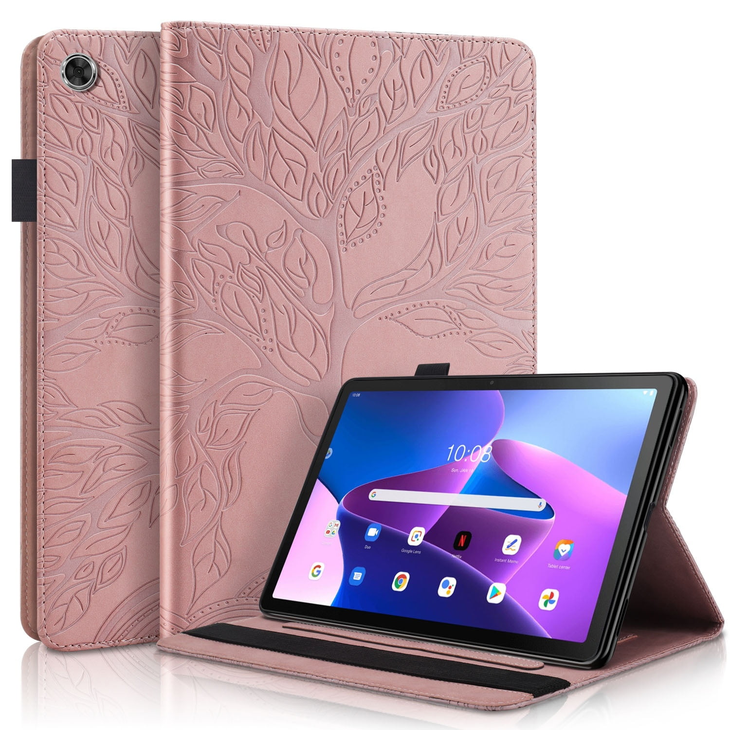Foxdock - Funda Con Relieve Del Árbol De La Vida Para Tablet Lenovo Tab M10 (3rd Gen 2022) Con Soporte, Ranuras Para Tarjetas Y Soporte Para Lápiz Óptico. Oro