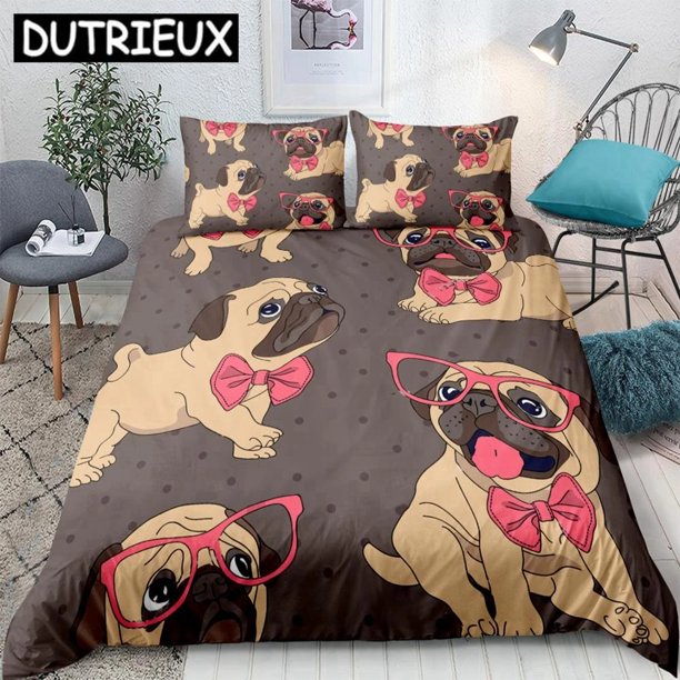 Cartoon Pug Dog Bedding Set Cute Dog Duvet Cover Set Brown Background Quilt Cover Kids Girls Bedclothes Home Textiles
