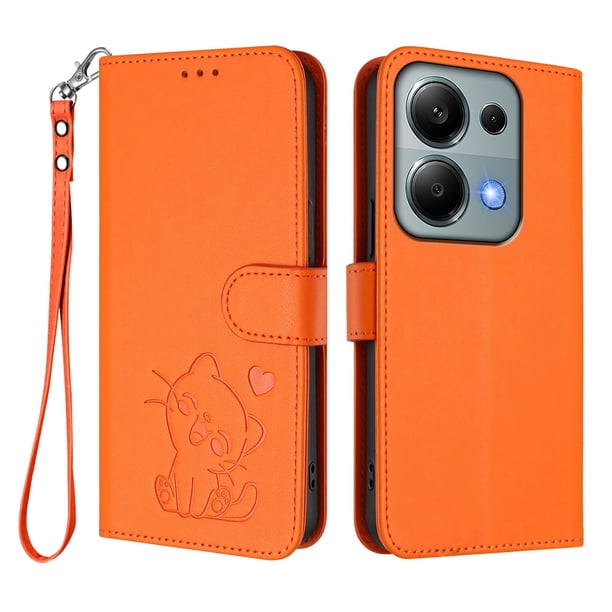 Funda Volteable tipo Billetera con Correa para Xiaomi Redmi Note 14S 4G, Naranja