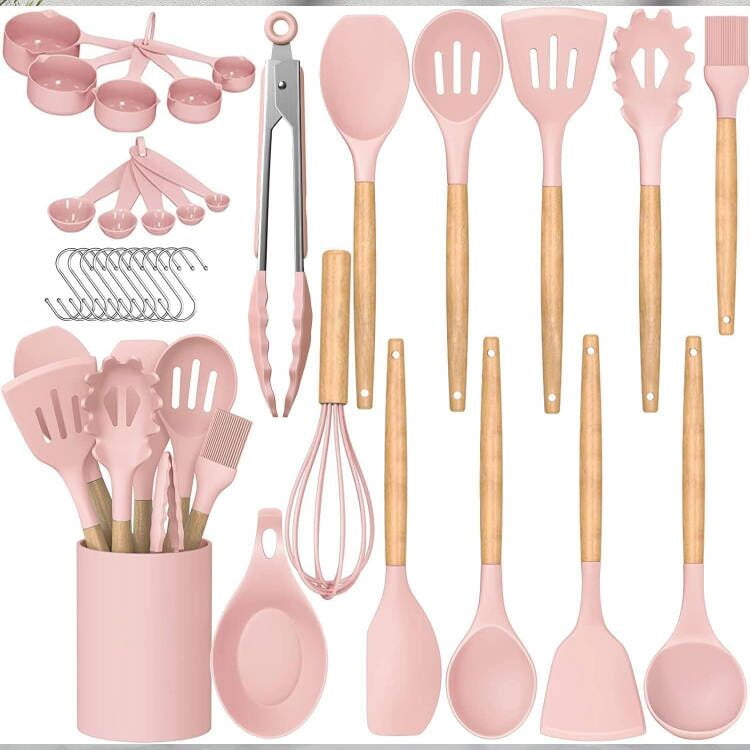 Emmegroup - Juego De Utensilios Premium De Cocina Con Tazas Medidora Rosado 33 Pzas