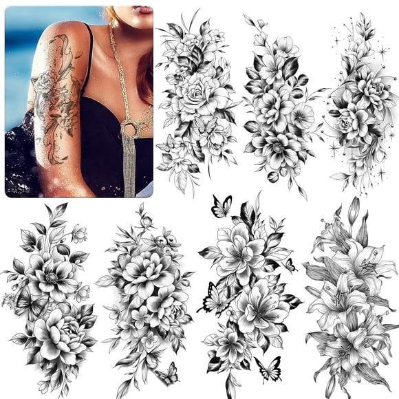 Tatuajes Temporales EMOME 12 Hojas Florales Negros Waterproof