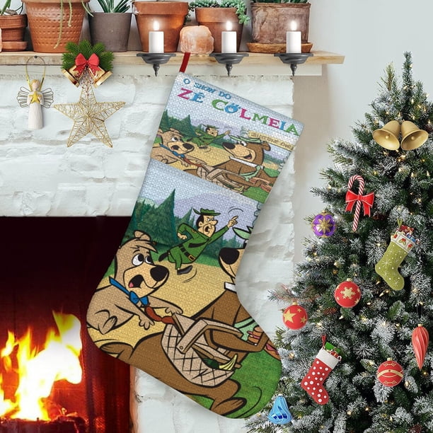 El Show de Oso Yogi Tema: Calcetines de Navidad, fino lino blanco para colgar en escaleras y chimenea, decoración navideña para el hogar, regalo de Navidad.54cm×38cm