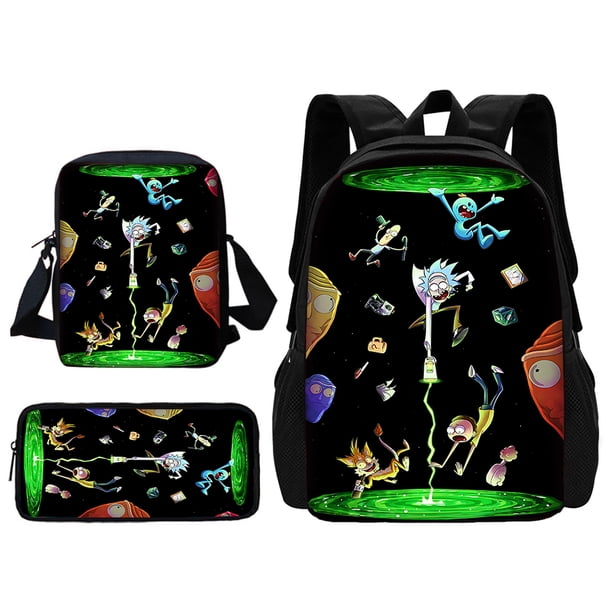 3 pcs set Funny M-mortys Cartoon R-ricks School Bag For Boy Girls with Shoulder Bags Pencil box Cartoon Backpack for Child