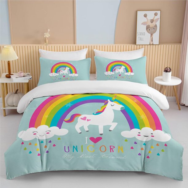 Purple Unicorn Full Bedding Set for Kids Boys Girls Glitter Galaxy Unicorn Duvet Cover 3 Piece Space Unicorn Comforter Cover
