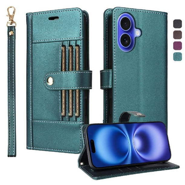 FOXDOCK Funda tipo Cartera para iPhone 16 Plus – Cubierta de Cuero PU con Múltiples Ranuras, Bolsillo para Efectivo y Correa de Muñeca