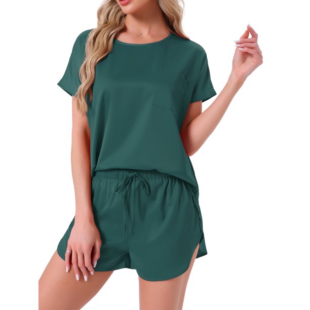 INSPIRE CHIC Conjunto de Pijama de Satén Sedoso para Mujer, Manga Corta, Cuello Redondo, Bolsillo Frontal y Pantalones Cortos con Cordón para Dormir, Talla S, Verde Oscuro