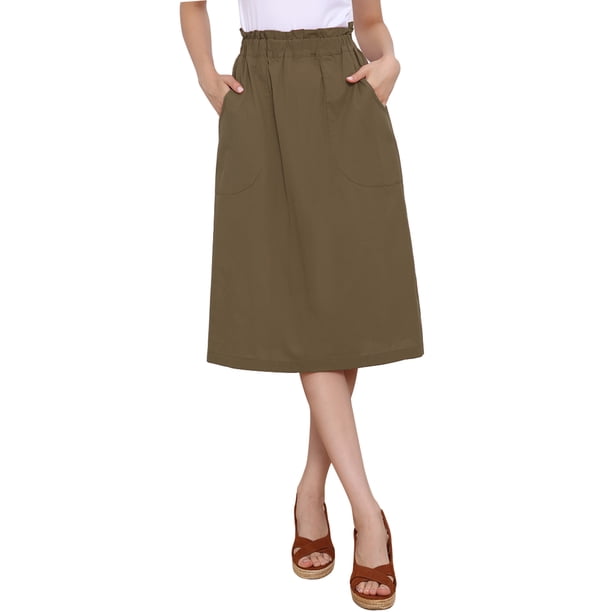 INSPIRE CHIC Falda de Algodón para Mujer Vuelta al Colegio Cintura Elástica Casual Campesina Línea A Midi con Bolsillos Marrón Oscuro XS