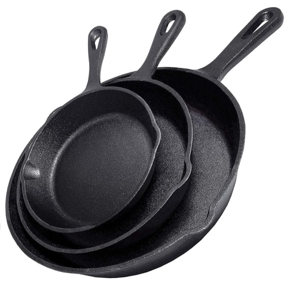 Juego De Sartenes De Hierro Fundido 3 Piezas Previamente Sazonadas Negras