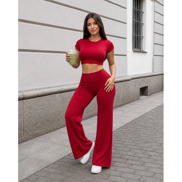 Conjunto Deportivo Para Mujer Crop Top Espalda Abierta Y Palazzo