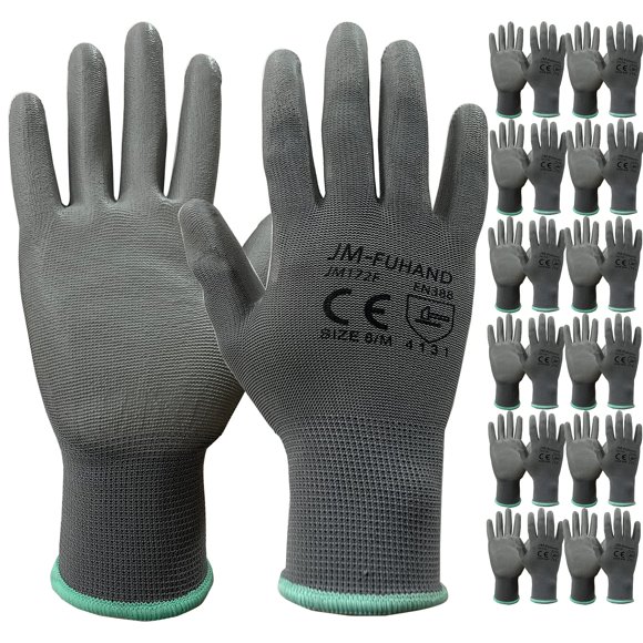 Guantes de Trabajo JM-FUHAND Talla Grande Gris 12 pares con recubrimiento de PU