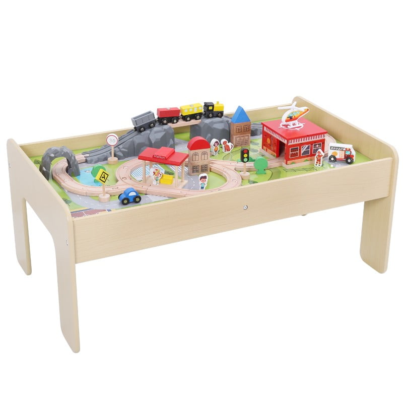 Pellitos - Mesa Educativa Con Pista De Trenes De Madera 57 Piezas