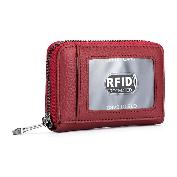 Cartera de cuero para tarjetas de crédito, con cremallera tipo acordeón, tarjetero RFID, monedero pequeño con ventana para identificación