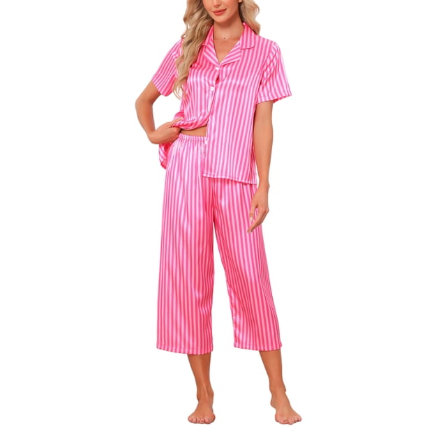 INSPIRE CHIC Conjunto de Pijama de Satén para Mujer Regreso a Clases Manga Corta Camisa Abotonada y Pantalones Capri con Cintura Elástica Ropa de Dormir Sedosa XXL Rosa Rosa a Rayas