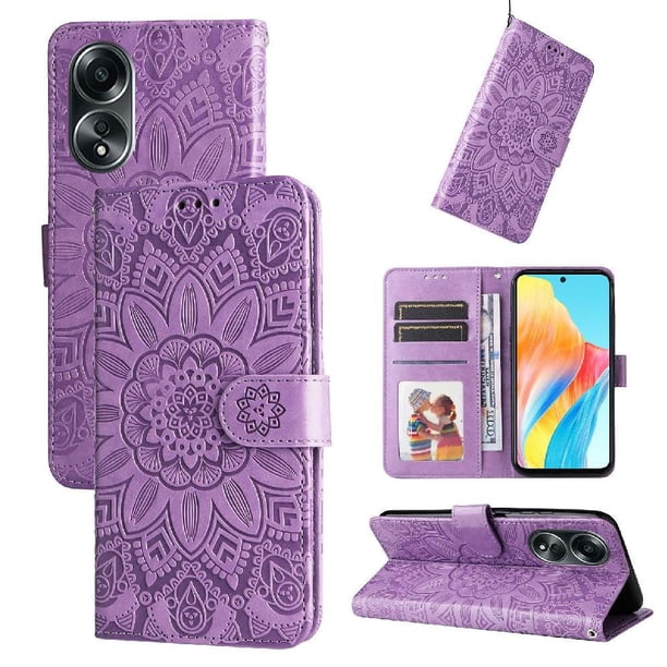 Funda tipo cartera FOXDOCK para OPPO A58 4G , diseño girasol en relieve, cuero PU, cierre magnético, soporte y tarjetero