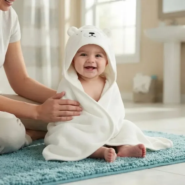 Toalla y Capa para Baño de Algodón Extra Suave Con capucha Oso Blanco para Bebés y Niños