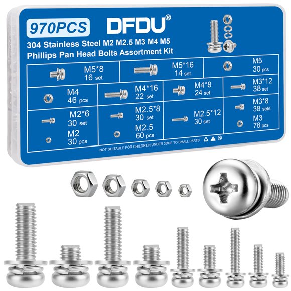 DFDU 970 piezas surtido de tornillos métricos M2-M5 Phillips con arandelas y tuercas