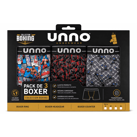 Pack 3 Boxer UNNO Boxing 1, algodón peruano premium. (Boxer Ring + Boxer Headgear + Boxer Counter), TALLA M