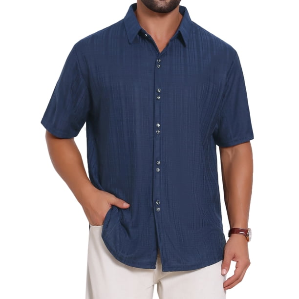 INSPIRE CHIC Camisa de Hombre de Manga Corta con Botones y Textura Sólida Casual Tejida L Azul Oscuro