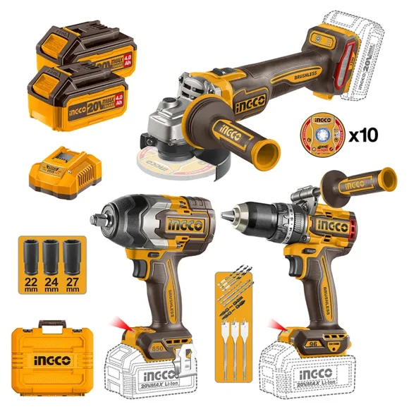 Set Ingco Taladro Pe+ Pistola De Impacto + Esmeril +2bat
