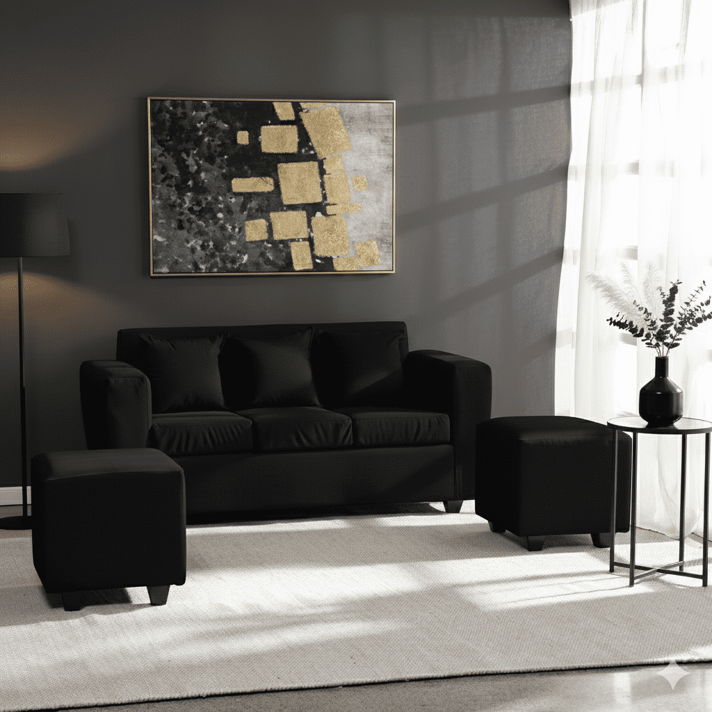 Deco Outlet - Living Kansas 3 Cuerpos + 2 Pouf Felpa Negro