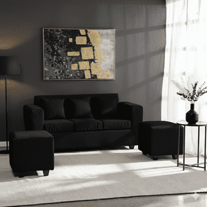 Deco Outlet - Living Kansas 3 Cuerpos + 2 Pouf Felpa Negro