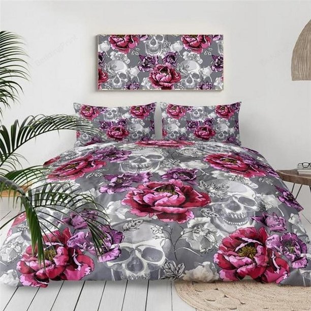 Floral Skull Pattern Quilt Duvet Cover Set Soft Bedding Bedroom Decor3-Piece Bedding Set