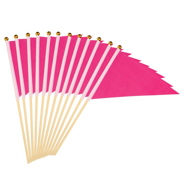 Uxcell 8 x 3 pulgadas Mini Banderas de Pennant, 12Pcs Palo de Madera Pequeña Bandera de Mano para Celebración DIY Deportes, Rojo Rosado