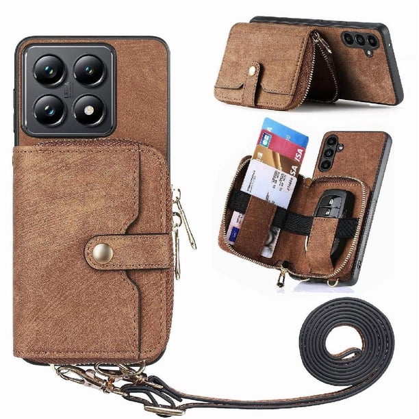 Funda Tipo Cartera con Correa Cruzada para Xiaomi 14T Protección Contra Golpes Marrón