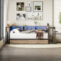 M&Ms - Corner Bed Frame Twin Size With Bookcase And 2 Underbed Storage Drawers, Modern Twin Bed With Led Light And Charging Station, Grey