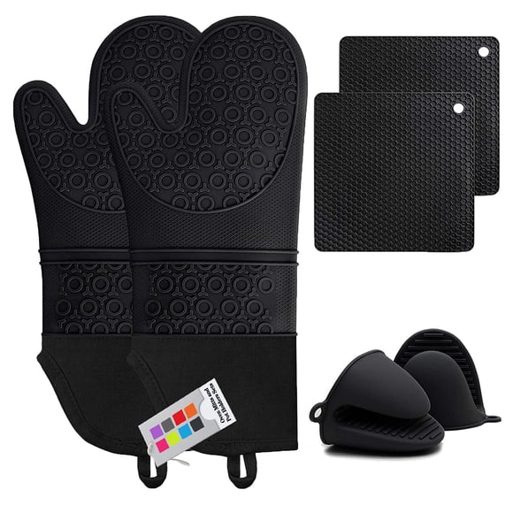 Juego de 6 piezas MTZRFLL: guantes de silicona negro y soportes para ollas