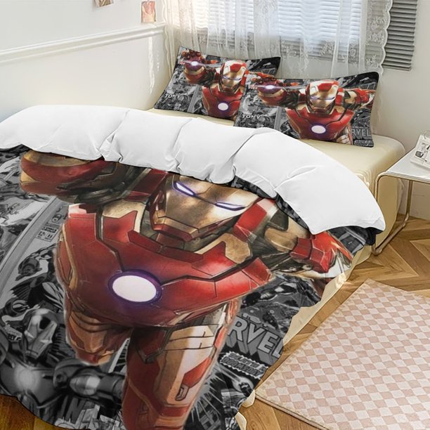 Iron Man Family Bed 3 Piece Set Personalized Bedding Decor for Kids And Teens Anime Student Dormitory Cover