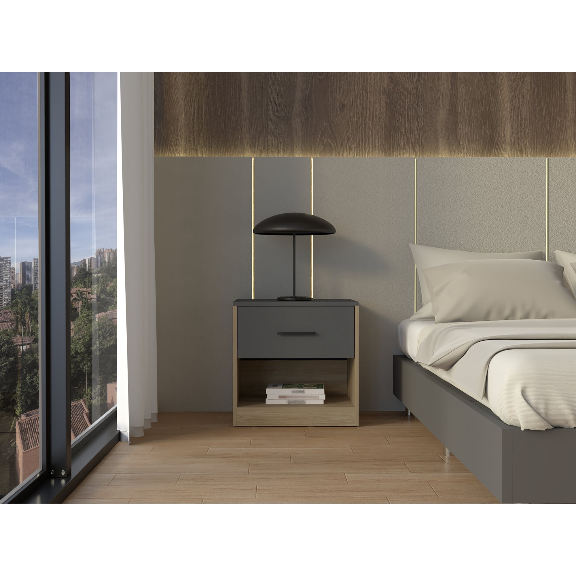 Tuhome - Velador 1 Puerta Girona 50x50x40,3 Cm Fresno Y Plomo