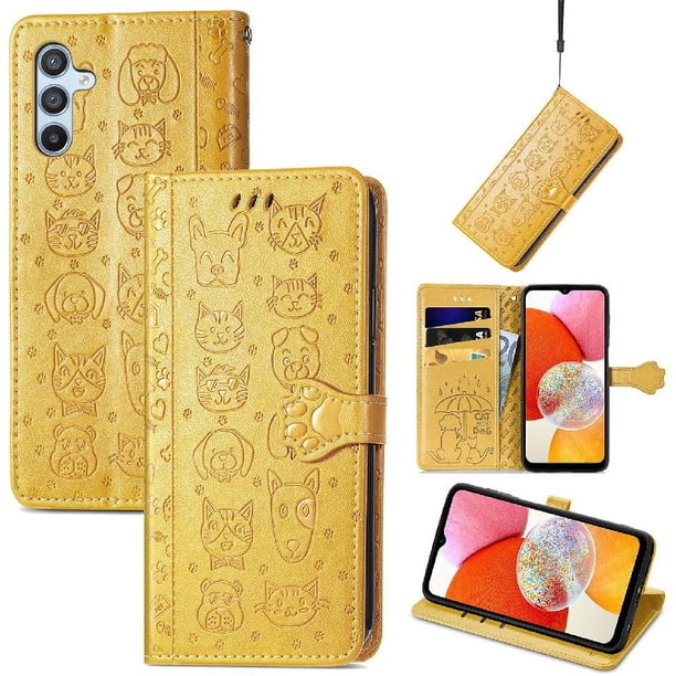 Funda Cartera FOXDOCK para Samsung Galaxy A14 4G , Flip PU con Relieve de Gatos y Perros, Tarjetero y Soporte