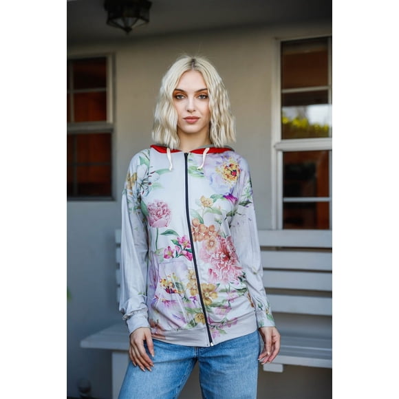 Suéter con Capucha Doble en Contraste y Estampado de Flores en Gris y Rosa, Flor Rosa M