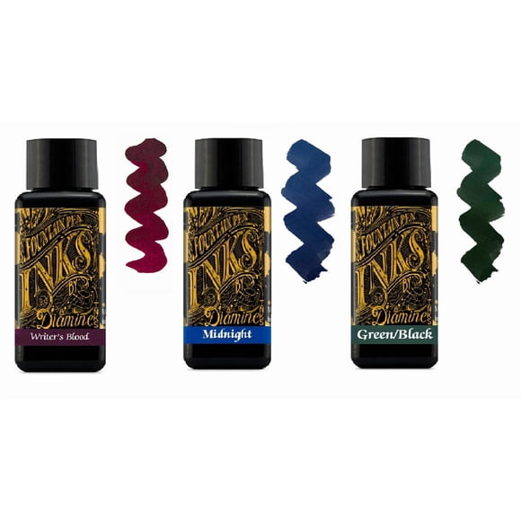 Tinta para Pluma Estilográfica Diamine 30 ml - 3 Botellas - Writer's Blood, Midnight Blue y Green Black