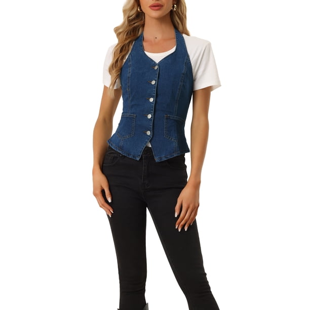 INSPIRE CHIC Chaleco de Mezclilla para Mujer de Regreso a Clases Cuello Halter Abotonado Sin Espalda Chaleco de Jean XL Azul Oscuro