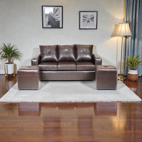Living Emanuel 3 Cuerpos Y 2 Poufs - Cuero Sintético Pu Café Moro