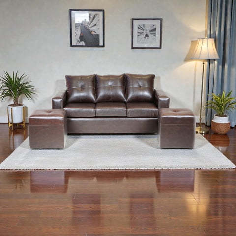 Muebles Altiro - Living Emanuel 3 Cuerpos Y 2 Poufs - Cuero Sintético Pu Café Moro