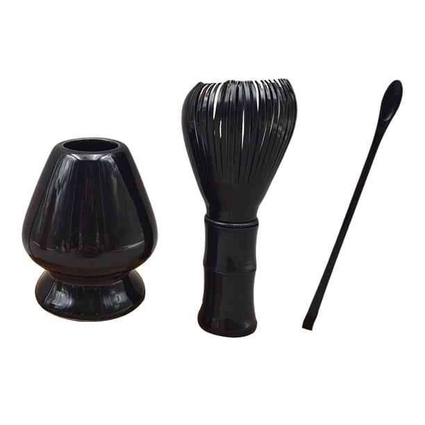 Juego de batidores Matcha de 3 piezas, accesorios de juego de té, cuchara de té, tazón de té, soporte para batidor para el hogar, comedor, dormitorio, negro