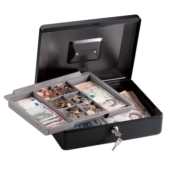 Caja de efectivo SentrySafe de acero con llave y bandeja de dinero negra de 9 x 30 x 23 cm
