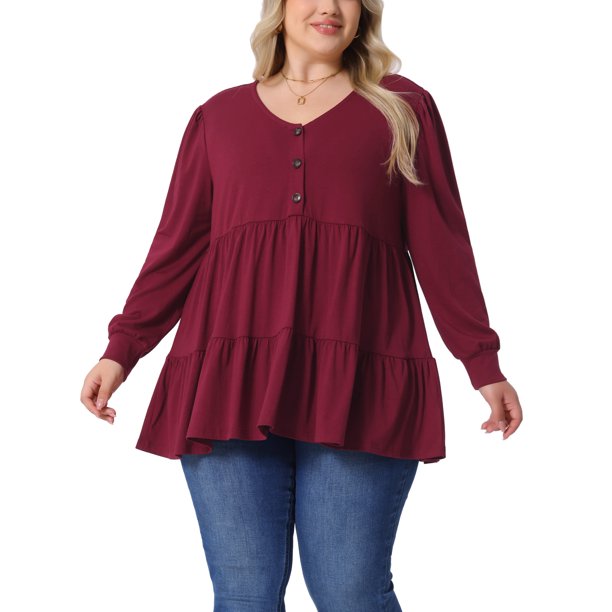 Agnes Orinda Mujeres Tallas Grandes Tops de Escuela Colegio Cuello en V Manga Larga Botón Peplum Túnicas Babydoll Túnicas 2X Burdeos