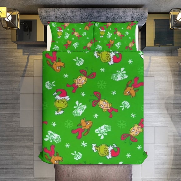 Green The Grinch And Cindy Lou Character Christmas 3 Pieces Duvet Cover Set Full Size Super Soft Fade Resistant Microfiber