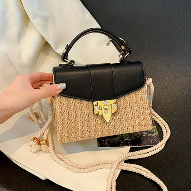 Mini Straw Woven Crossbody Bag, Top Handle Satchel, Women's Fashion Handbag & Shoulder Purse (7.5"x5.9"x3.1")