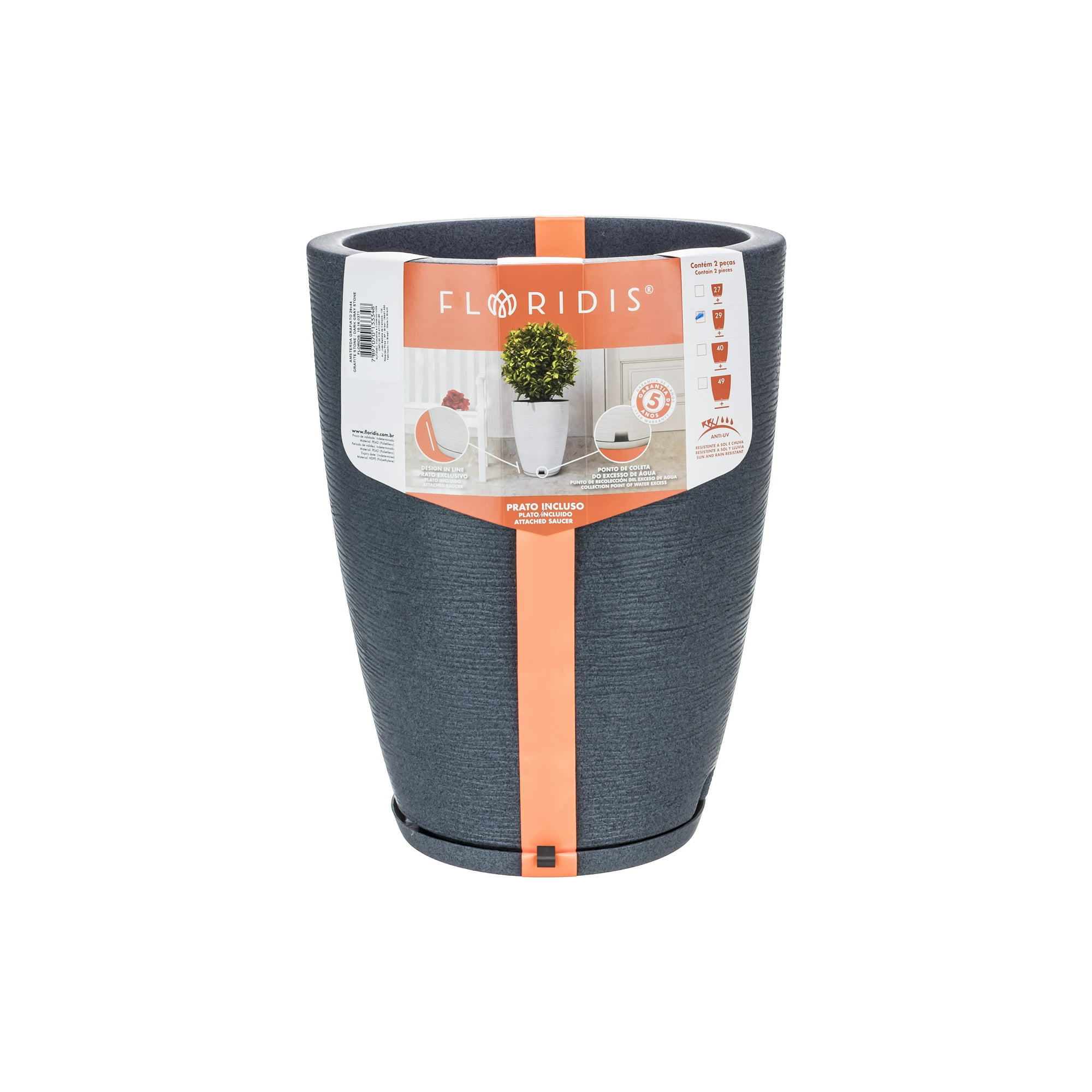 Floridis - Macetero Grafito Amsterdam 44cm Alto Con Plato