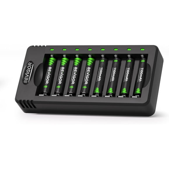 BEVIGOR Pilas AAA 1100 mAh, 8 unidades con cargador de 8 bahías